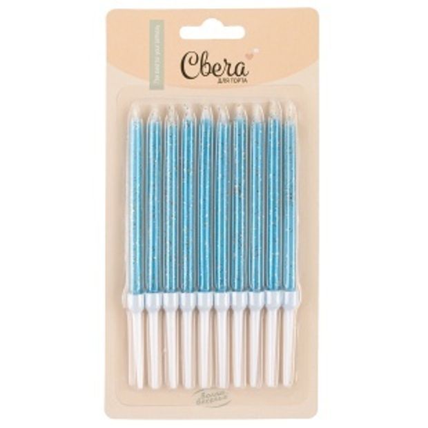 Свечи Голубой, с блестками, 0,6*10 см, 10 шт. с держат.