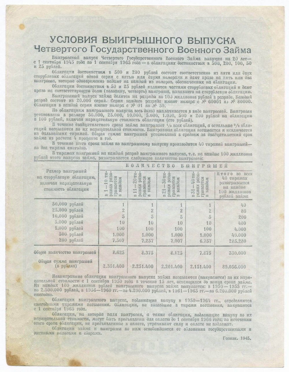 Облигация 100 рублей 1945 год. 4-ый государственный военный заем. Серия 072419. VF