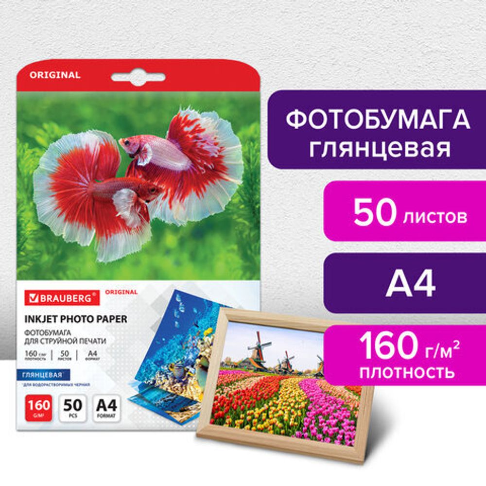 Фотобумага глянцевая, А4, 160 г/м2, 50 листов, односторонняя, 50 листов, BRAUBERG ORIGINAL, 363984