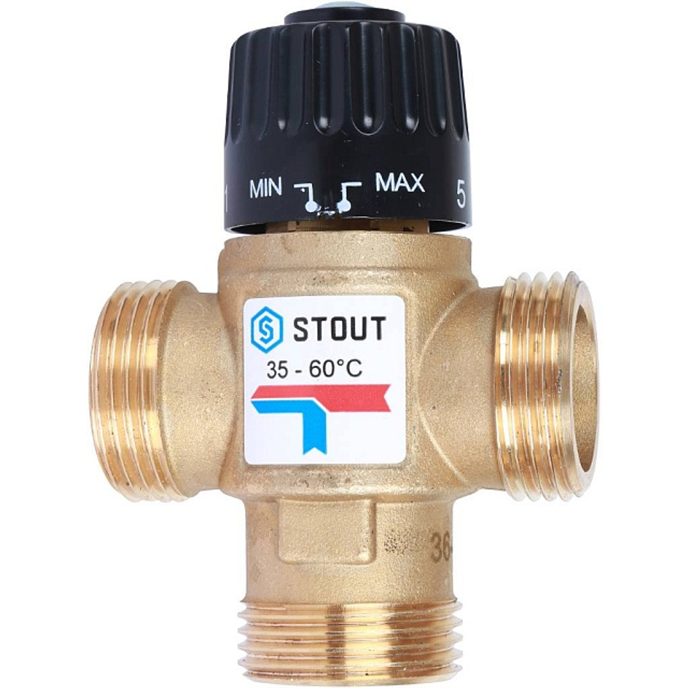 Клапан термостатический смесительный STOUT - 1" (НР, 35-60°C, Kvs 1.6, L-образное смешивание)