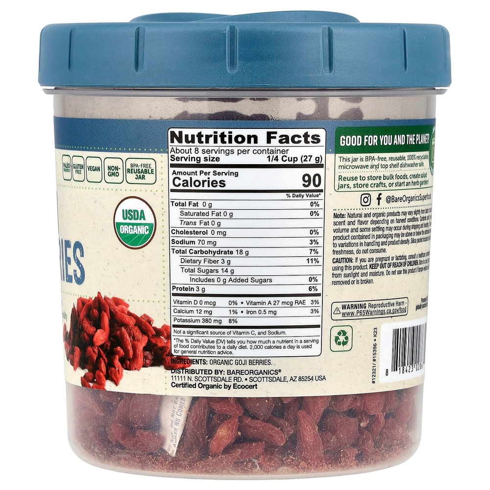 BareOrganics, Органические ягоды годжи, 227 г (8 унций)