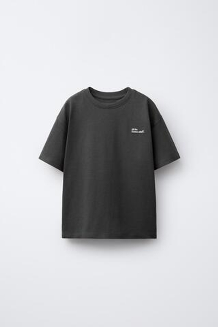ZARA ФУТБОЛКА ИЗ ПЛОТНОЙ ТКАНИ С ВЫШИТОЙ НАДПИСЬЮ, АНТРАЦИТОВО-СЕРЫЙ