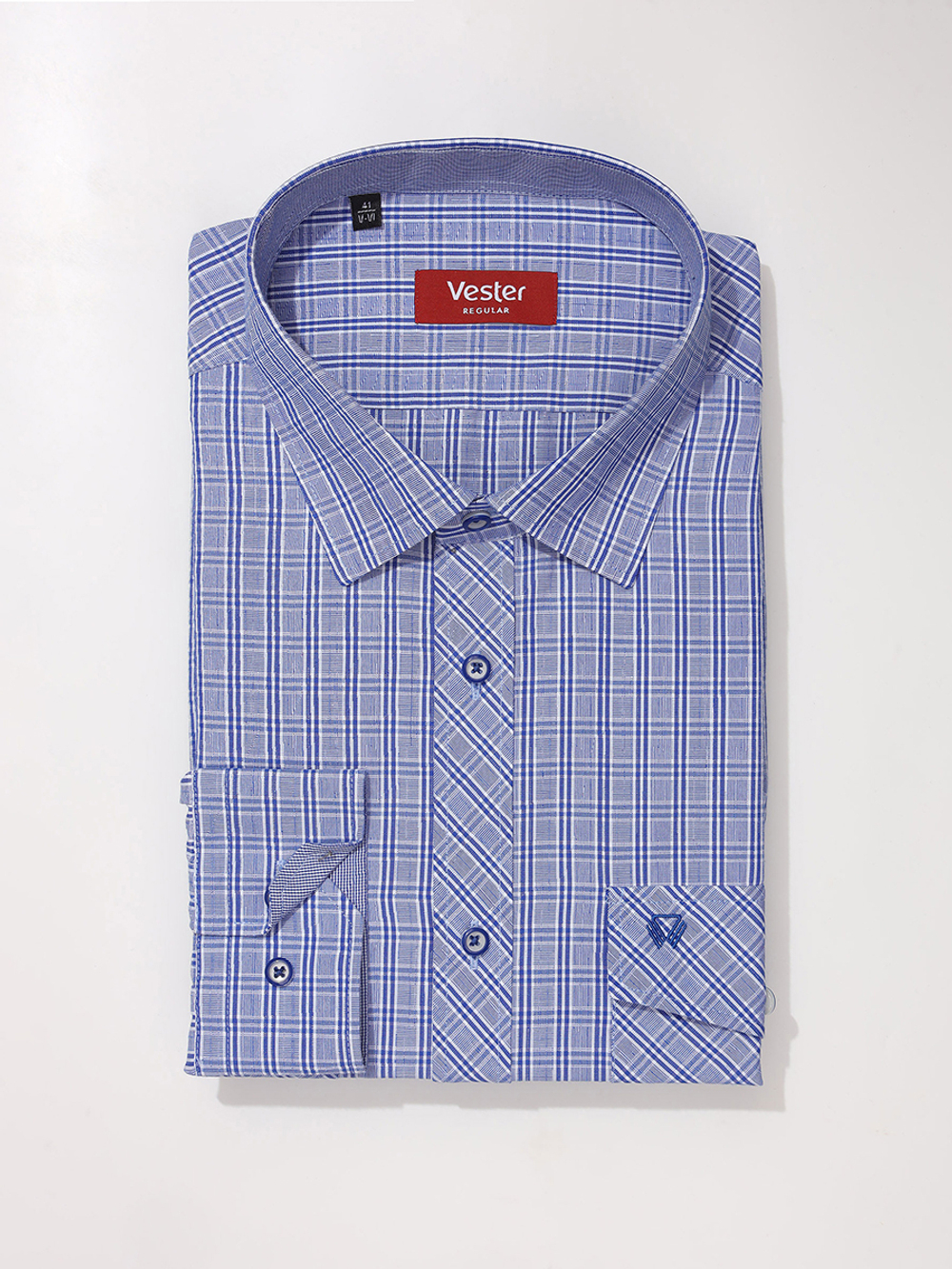 Сорочка мужская VESTER длинный рукав, цвет синий, клетка, хлопок/пэт 50314 49