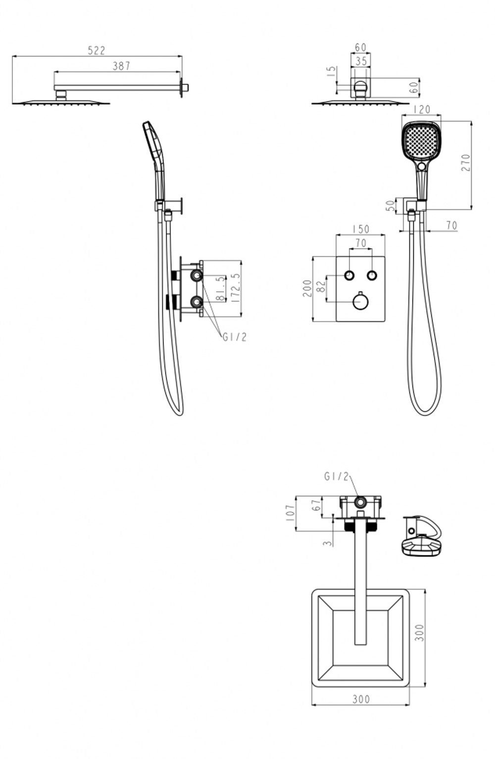 Душевая система скрытого монтажа Grocenberg GB5040BL с Термостатом Vernet (Франция)