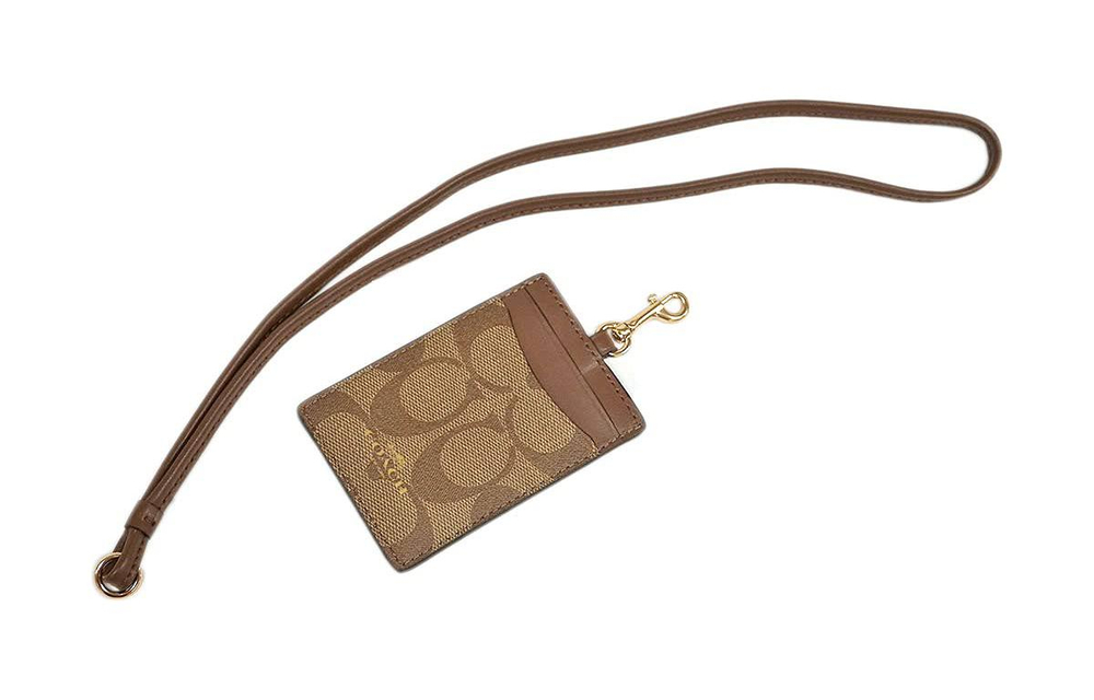COACH Lanyard Coated Canvas With Leather Necklace Pouch Card Holder Clutch Women"s Khaki Brown