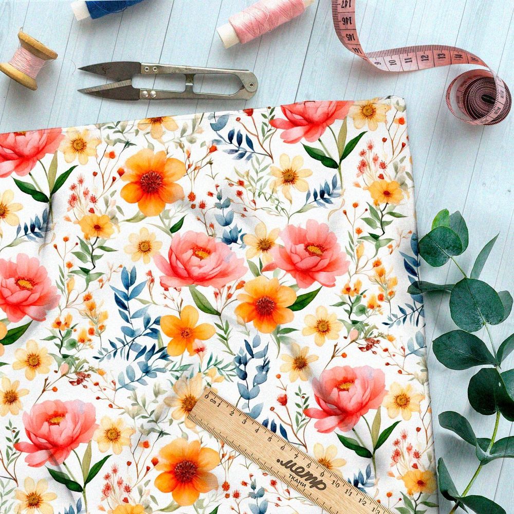 Ткань премиум шелк искусственный Армани буйство цветочной фантазии