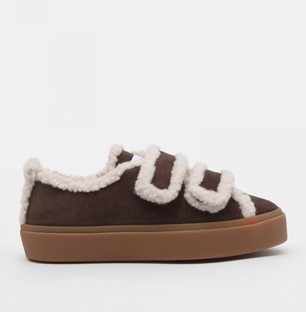 Замшевые кеды INUIKII Shearling low velcro brown на меху