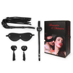 Эротический набор в черном цвете: маска, кляп, пэстисы, плётка