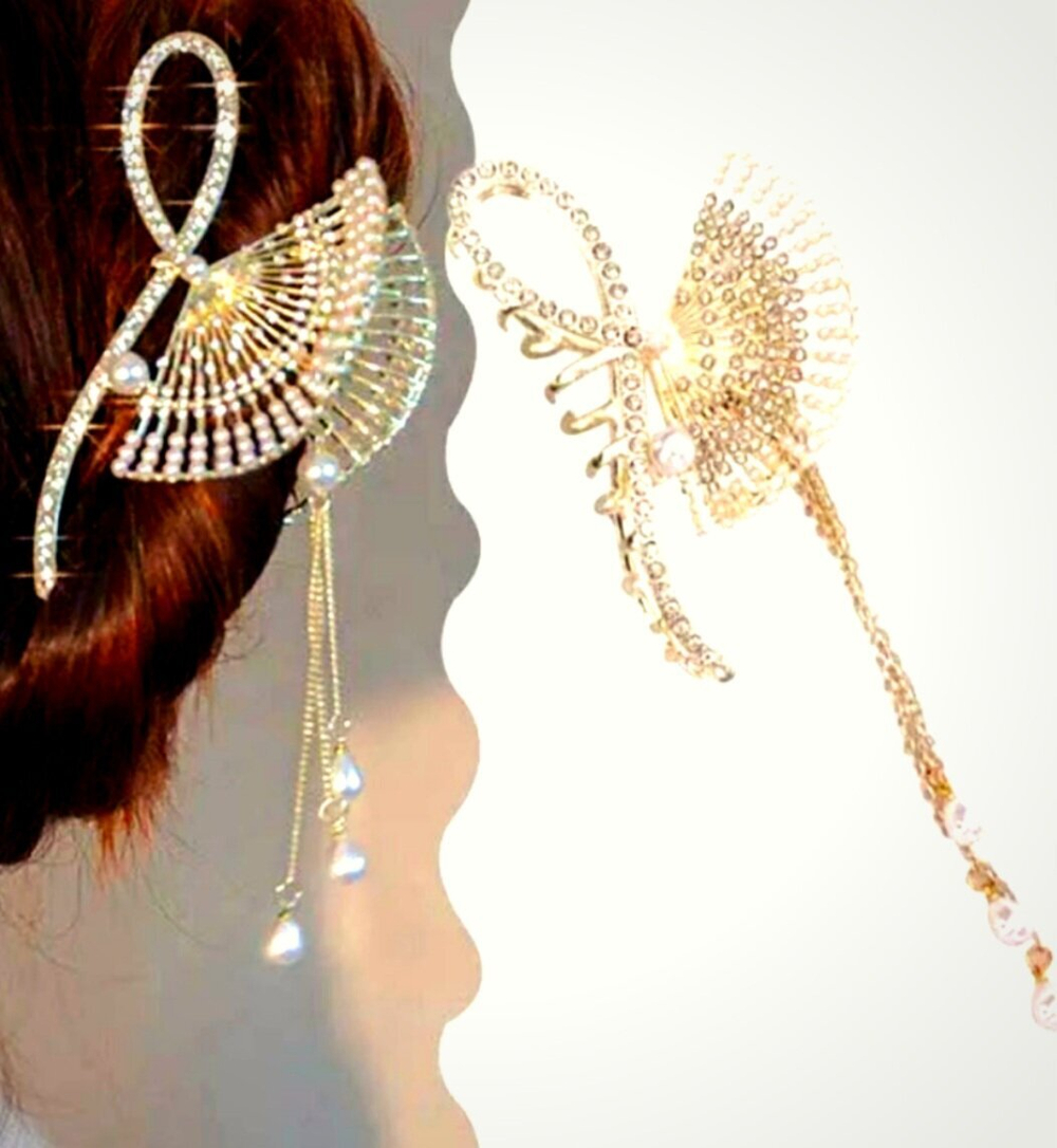 Заколка -краб  для волос "Веер" инкрустированный стразами. Металл Усиленная. Цвет золото