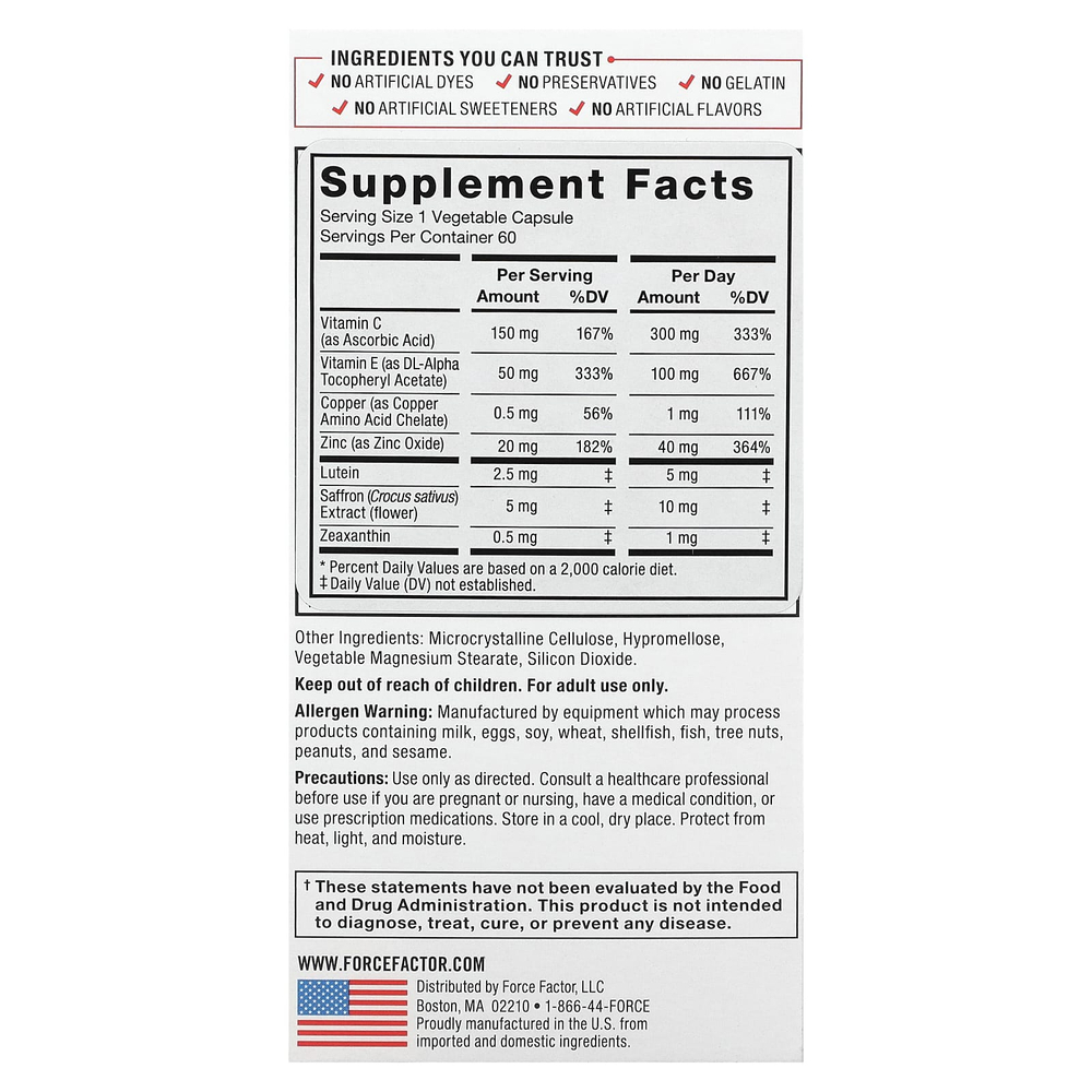 Force Factor, Комплексное средство для здоровья глаз, улучшенная формула с витаминами и минералами, 60 растительных капсул