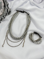 Колье "Glam" из серого жемчуга, венецианского стекла и гематита, застежка из натуральной кожи