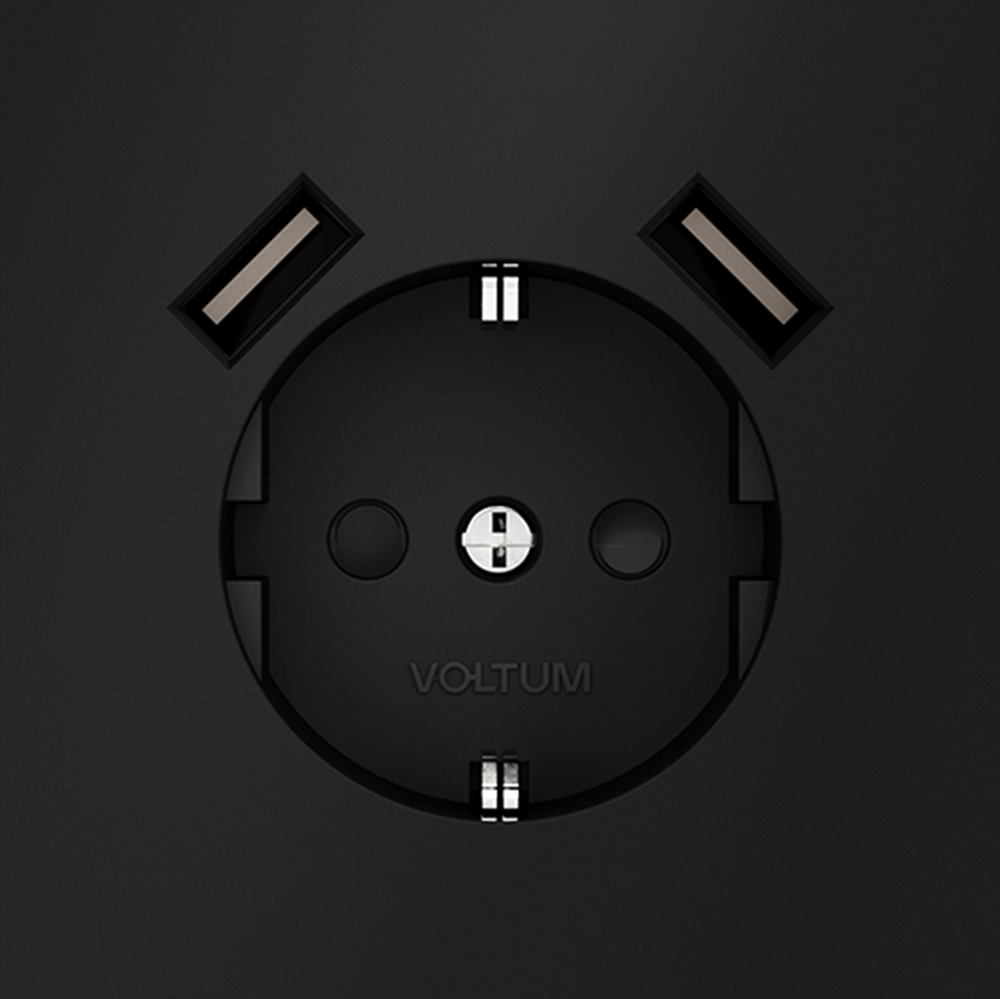 Розетка встраиваемая VOLTUM S70 с заземлением и защитными шторками, 16А, с USB, A+A, (черный матовый