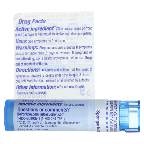 Boiron, Spongia Tosta, 6C, средство от сухого кашля, прибл. 80 гранул