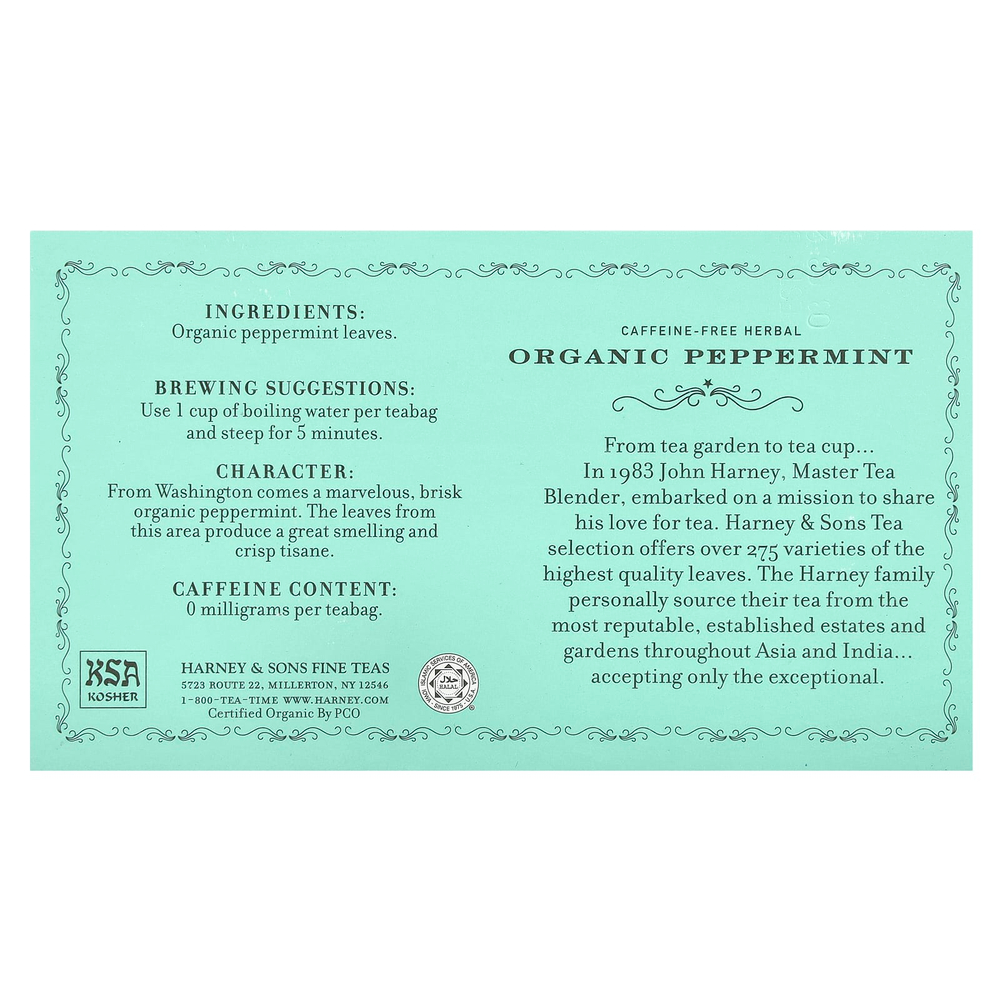 Harney & Sons, травяной чай, органическая перечная мята, без кофеина, 50 чайных пакетиков, 50 г (1,76 унции)