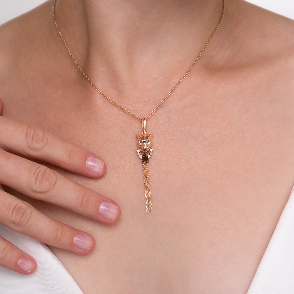 Подвеска «Пантера» из красного золота с кварцем дымчатым