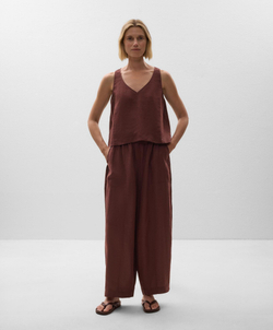 Oysho Топ из 100% льна с V-образным вырезом, шоколадный