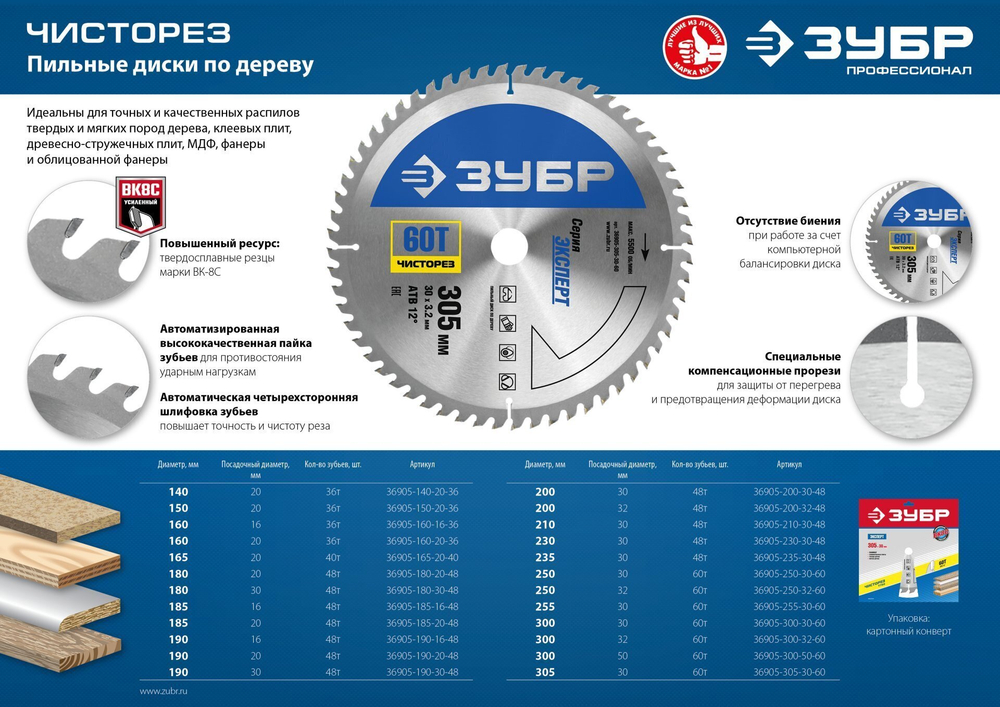 ЗУБР Чисторез, 300 x 32 мм, 60Т, пильный диск по дереву, Профессионал (36905-300-32-60)