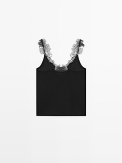 Massimo Dutti Трикотажный топ на бретелях с кружевом, черный