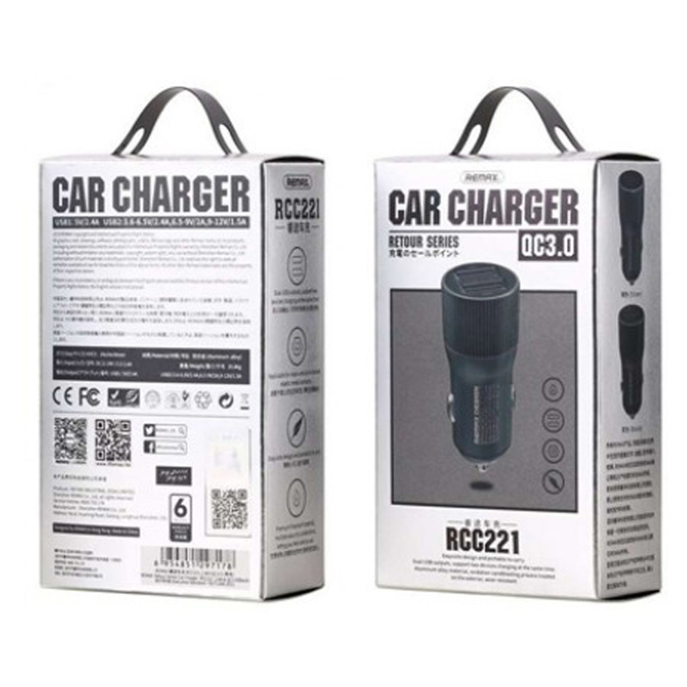Автомобильное зарядное устройство USB Remax RCC-221 (2.4A, 2 порта, QC3.0) Черный