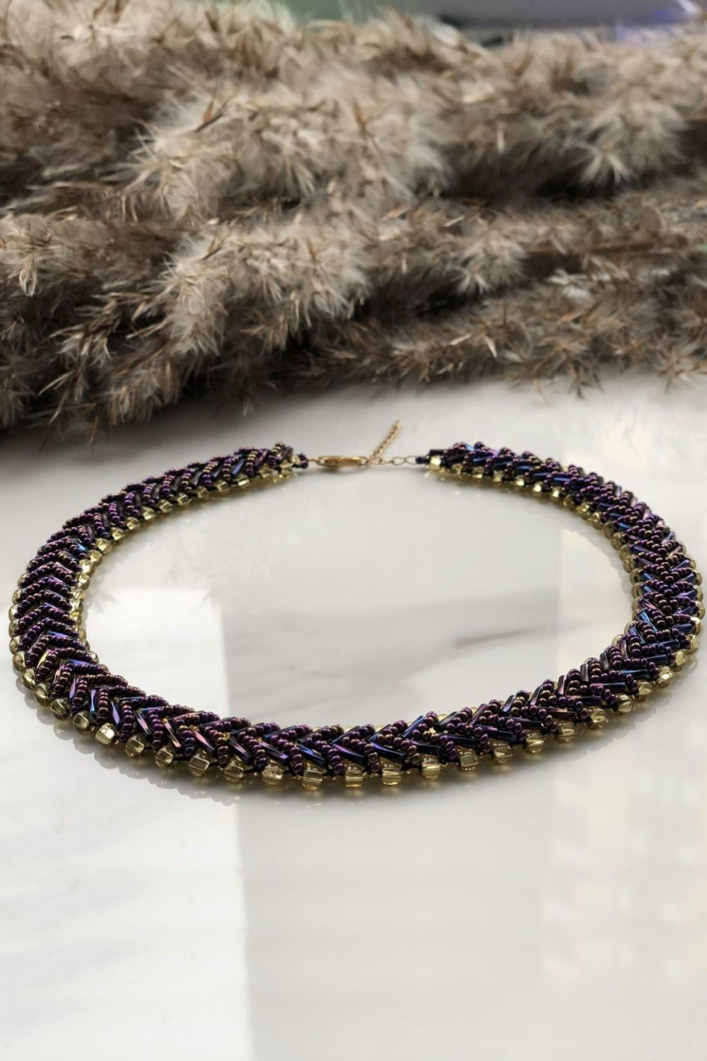 Колье из бисера "Змейка" ручной работы, Синий на серебрянном бисере