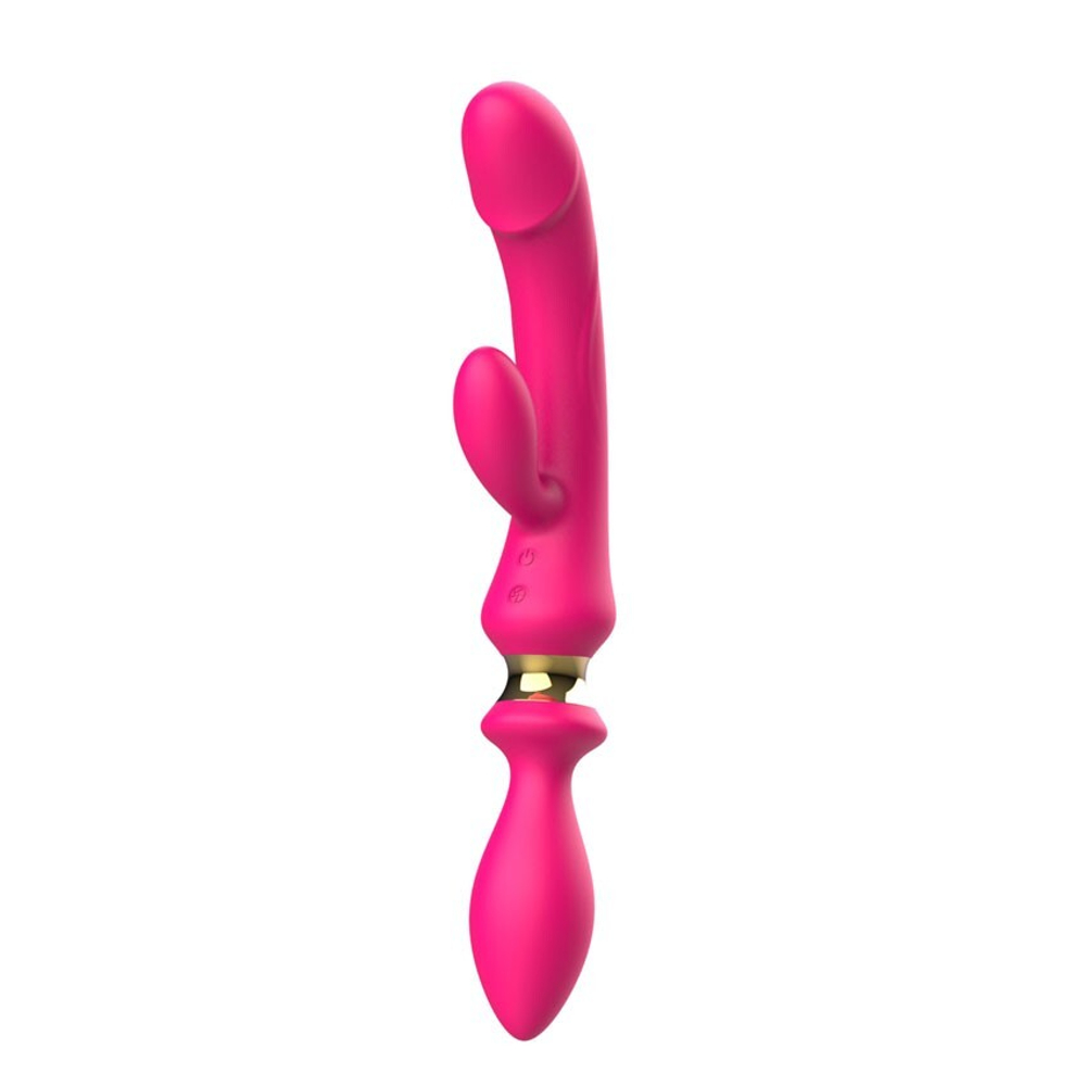 Розовый двусторонний вибромассажёр с клиторальным отростком - 30 см. (Цвет: розовый)
