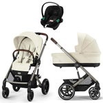 Коляска Cybex Balios S Lux TPE complete Aton S2 Moon Black Base One 4 в 1 Seashell Beige с дождевиками