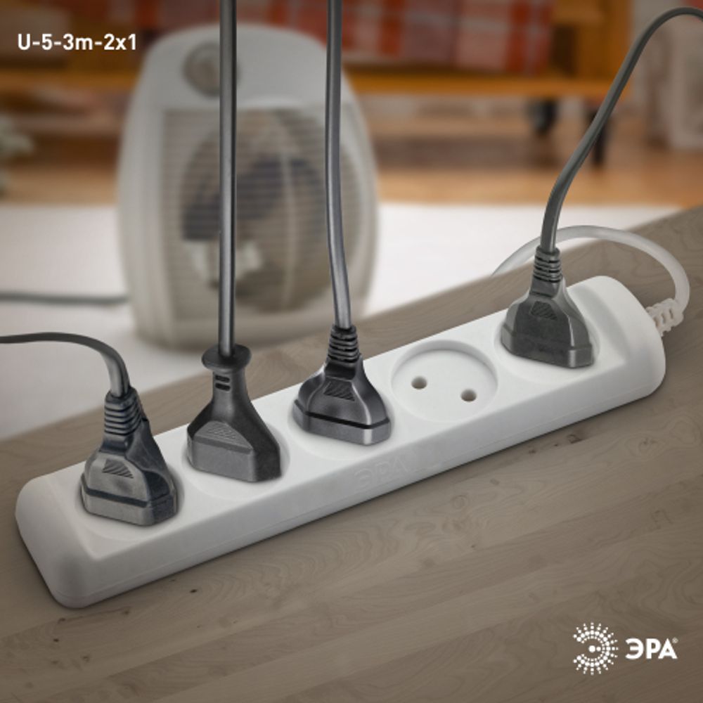 Удлинитель электрический ЭРА U-5-3m-2x1 без заземления 5 розеток 3м ПВС 2x1мм2 10А | Бытовые удлинители