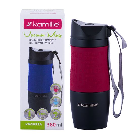 Термокружка 380 мл. из нержавеющей стали Kamille KM 2052A с TPR-вставкой и ремешком