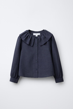 ZARA РУБАШКА С ВОЛАНАМИ В КЛЕТКУ ВИШИ, СИНИЙ