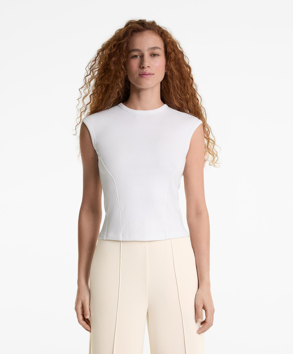 Oysho Футболка с короткими рукавами в рубчик из хлопка и модала, белый