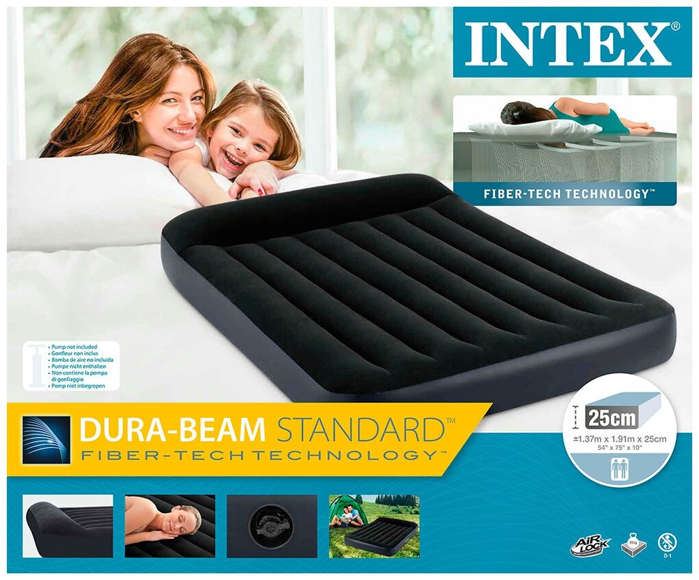 Мaтрас нaдувной Intex 64142 Pillow Rest 137х191х42 см / Крoвать нaдувная Интeкс полуторная велюровая со встроенным электронасосом 220V и подголовником