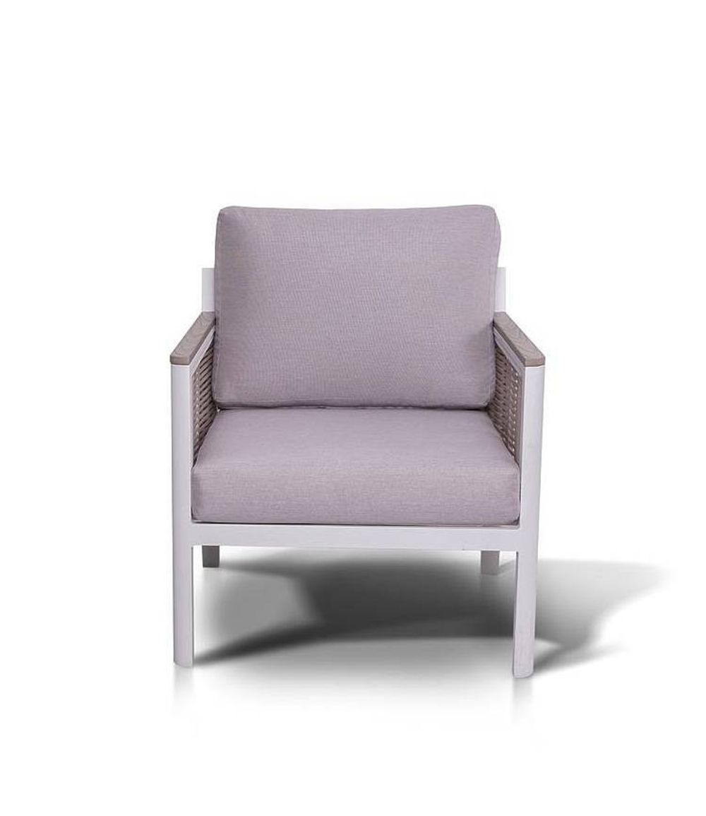 "Сан Ремо" кресло плетеное из роупа садовое, каркас алюминий белый, роуп бежевый, ткань бежевая