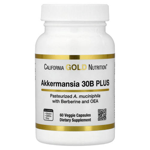 California Gold Nutrition, Akkermansia 30B PLUS, аккермансия с фосфолипидной матрицей с берберином и олеилэтаноламином, 60 растительных капсул