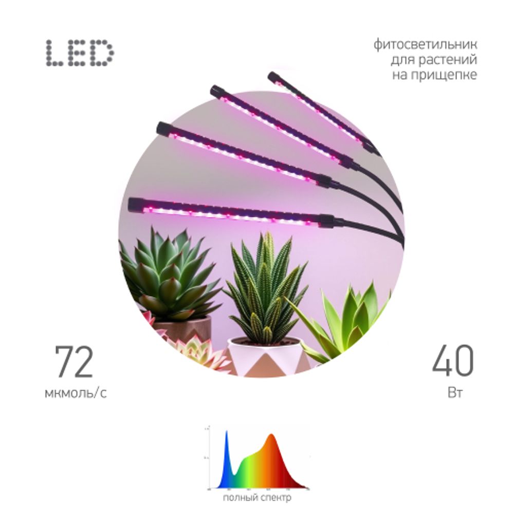 Светильник для растений на прищепке ЭРА FITO-40W-АLED-RaL полного спектра 40 Вт | Интерьерные фито светильники