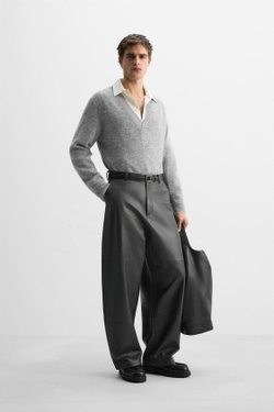 ZARA СВИТЕР ИЗ ХЛОПКА С V-ОБРАЗНЫМ ВЫРЕЗОМ, СЕРЫЙ С МЕЛАНЖЕВЫМ ЭФФЕКТОМ