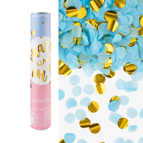 Пневмохлопушка Мальчик или Девочка, Круги фольга и тишью, Голубой/Золото ДБ