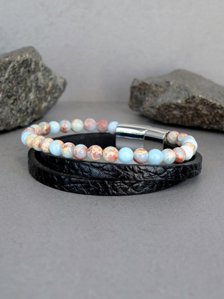 Браслет из натуральной кожи и бусин бирюзовой яшмы