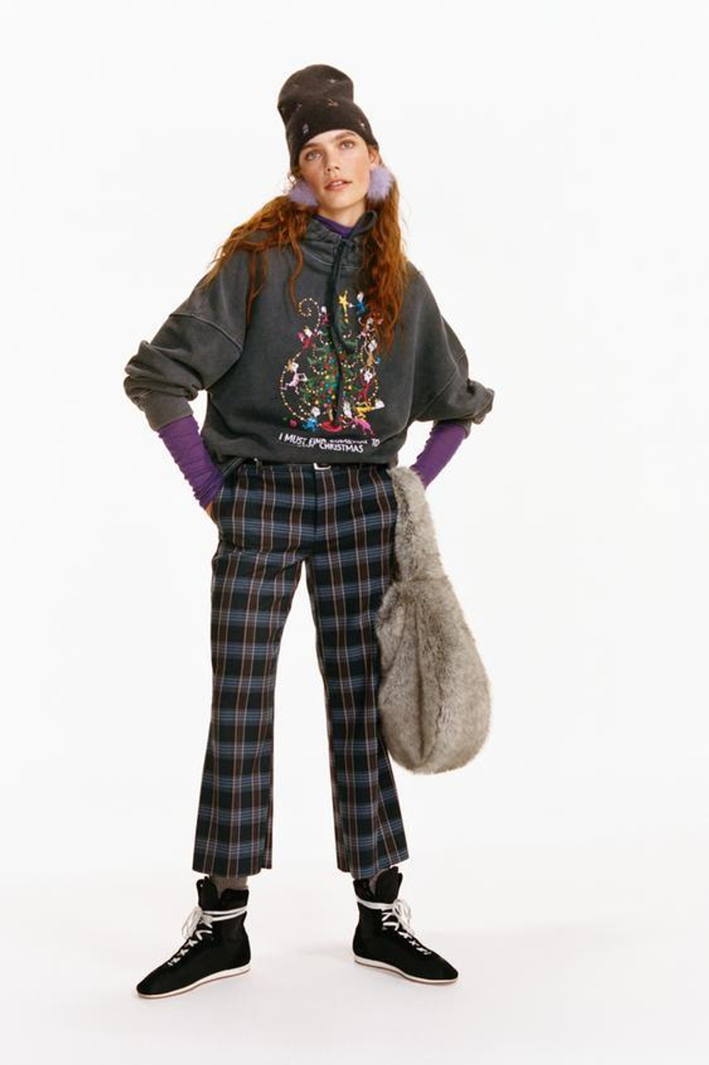 ZARA БРЮКИ В КЛЕТКУ, СЕРО-СИНИЙ