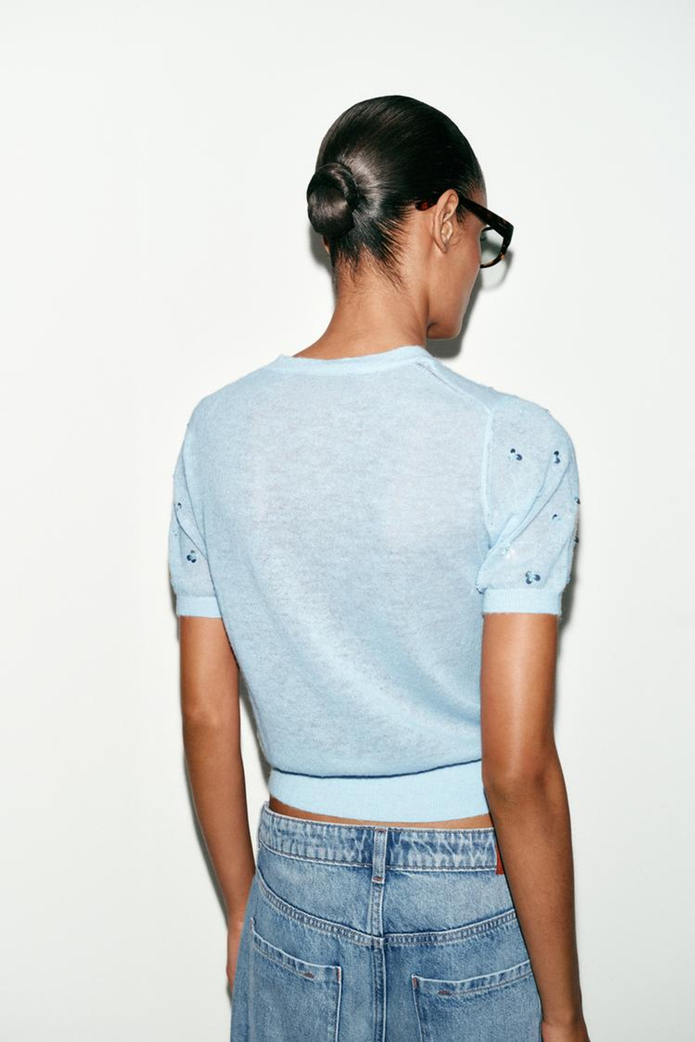 ZARA ТРИКОТАЖНЫЙ СВИТЕР С КОРОТКИМИ РУКАВАМИ, ПАСТЕЛЬНО-СИНИЙ