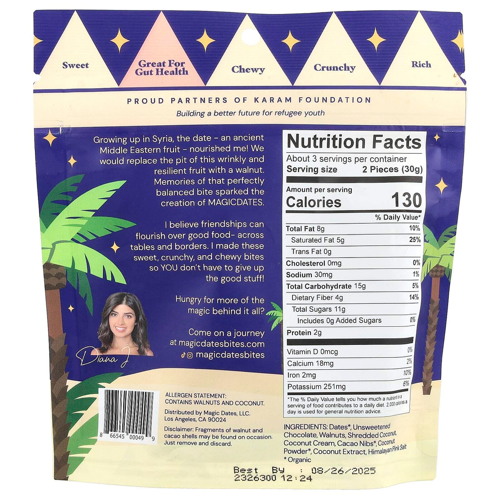 MAGICDATES, Snack Bites, покрытый 100% темным шоколадом, шоколадное и кокосовое печенье, 100 г (3,5 унции)