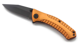 Мужской небольшой стальной чёрный складной нож с клинком 70 мм с оранжевой алюминиевой рукояткой в коробке Stinger FK-A129
