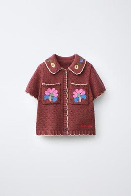 ZARA Х SISSEL EDELBO ТРИКОТАЖНОЕ ПОЛО С ЦВЕТОЧНОЙ ВЫШИВКОЙ, КОРИЧНЕВЫЙ