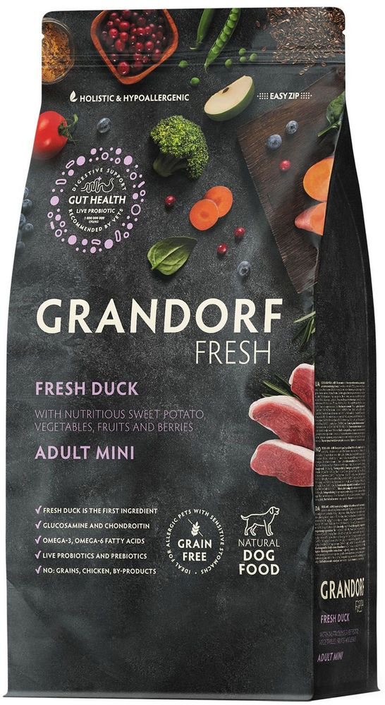 Grandorf Fresh 3кг Holistic Mini Duck&amp;Sweet Potato Сухой корм для собак малых пород, свежее мясо утки с бататом