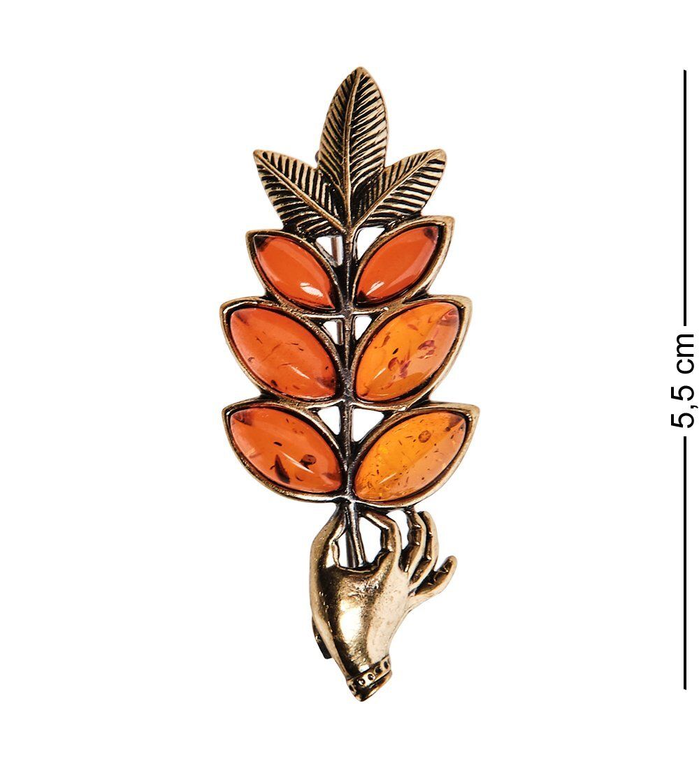 AM-2557 Брошь «Веточка в руке» (латунь, янтарь)