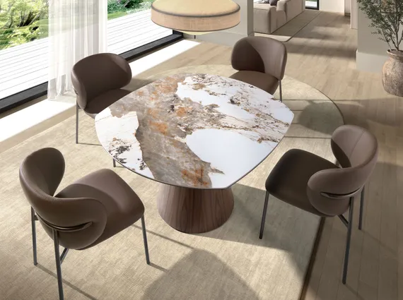 Раздвижной обеденный стол 1187 из керамики в мраморной отделке и ореха
