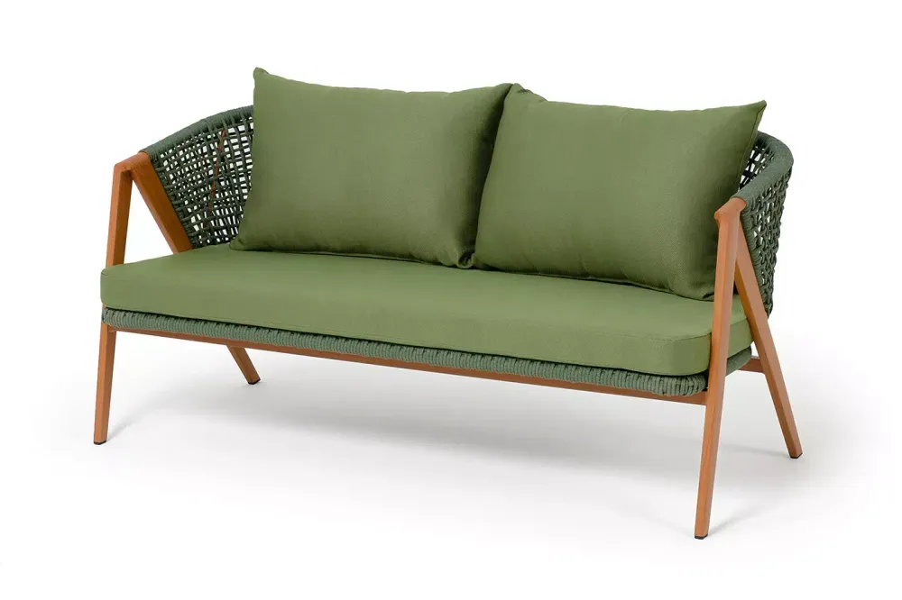 "Амстердам" диван 2-местный плетеный из роупа, каркас алюминий, роуп зеленый круглый, ткань зеленая