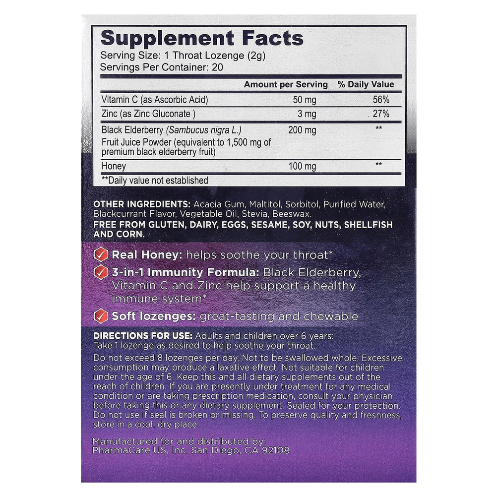 Sambucol, черная бузина, для горла, успокаивающие пастилки с медом, 20 мягких пастилок