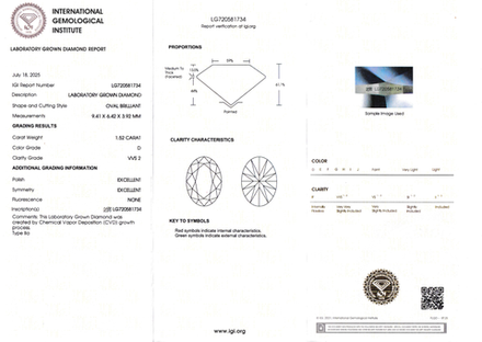 Лабораторно-выращенный бриллиант овал 9.41 х 6.42 х 3.92 мм D/VVS2 1.52 ct