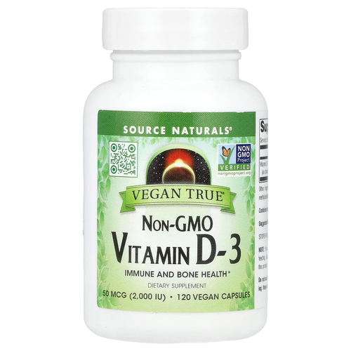 Source Naturals, Vegan True®, витамин D3 без ГМО, 50 мкг (2000 МЕ), 120 веганских капсул