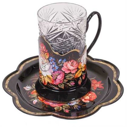 Set of 1 tea glass holder with zhostovo metal tray 18 cm SET18122022011